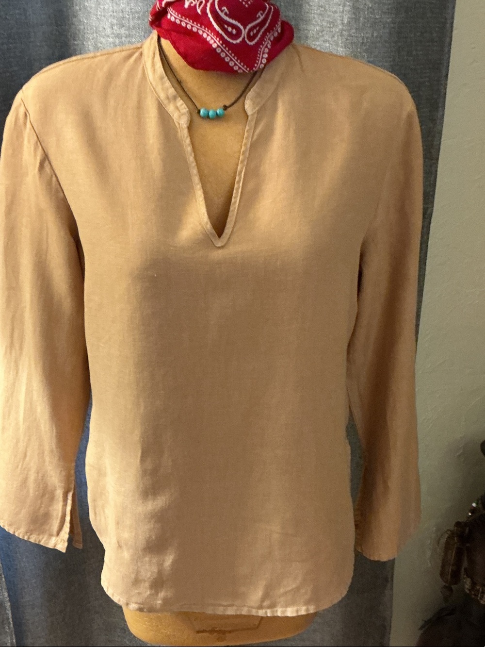 Lightweight V-Neck Long Sleeve Blouse in Tan